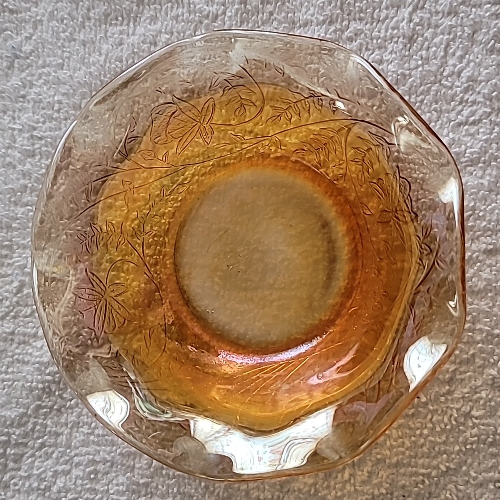 Vintage glass bowls (2) marigold color ruffle edge flower leaf design decor